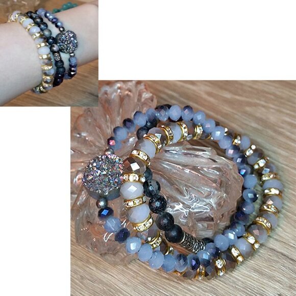 Bundle lot 3 crystal and stone stackable layering bracelets boho rainbow druzy - Picture 2 of 5